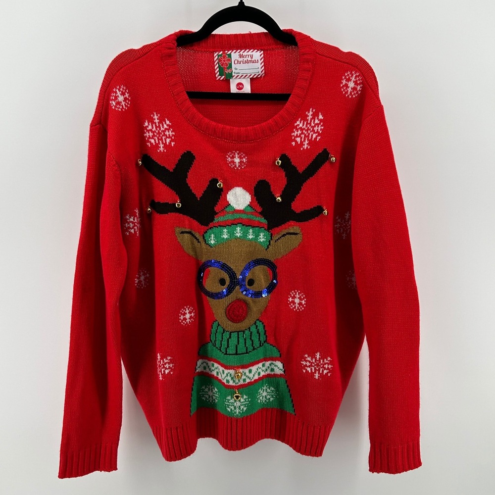 Merry Christmas Red‎ Knit Reindeer Ugly Sweater L/XL Sequin Jingle Bells Festive